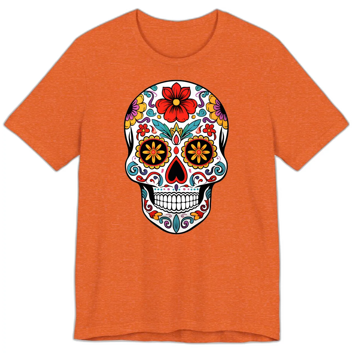 Vibrant Floral Calavera Sugar Skull Premium T-Shirt in Heather Orange