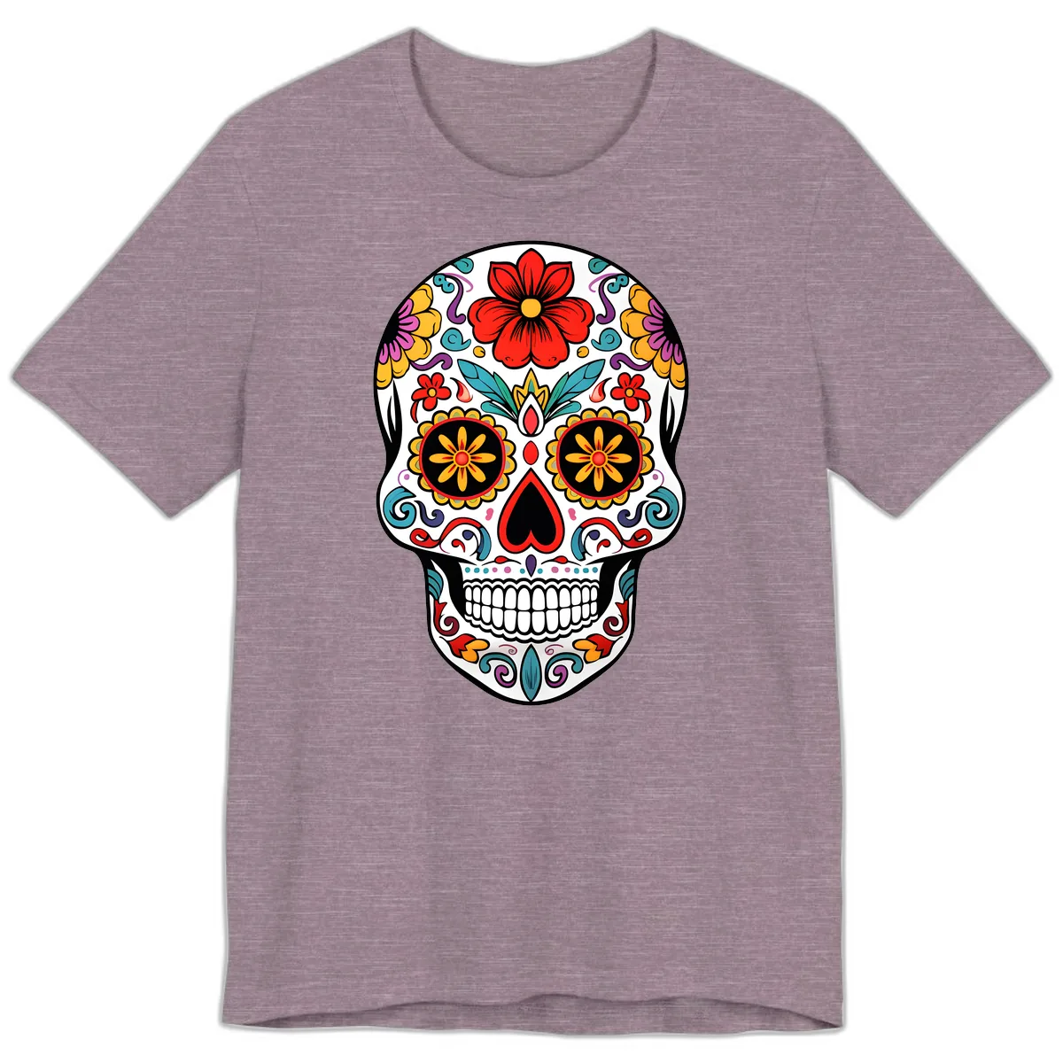 Vibrant Floral Calavera Sugar Skull Premium T-Shirt in Heather Purple