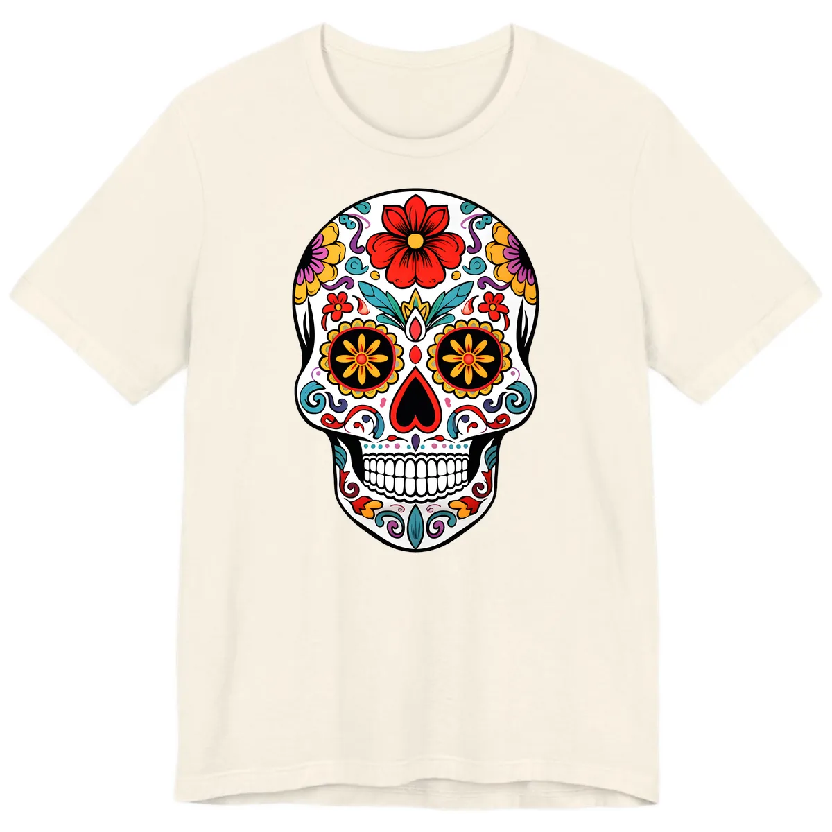 Vibrant Floral Calavera Sugar Skull Premium T-Shirt in Natural