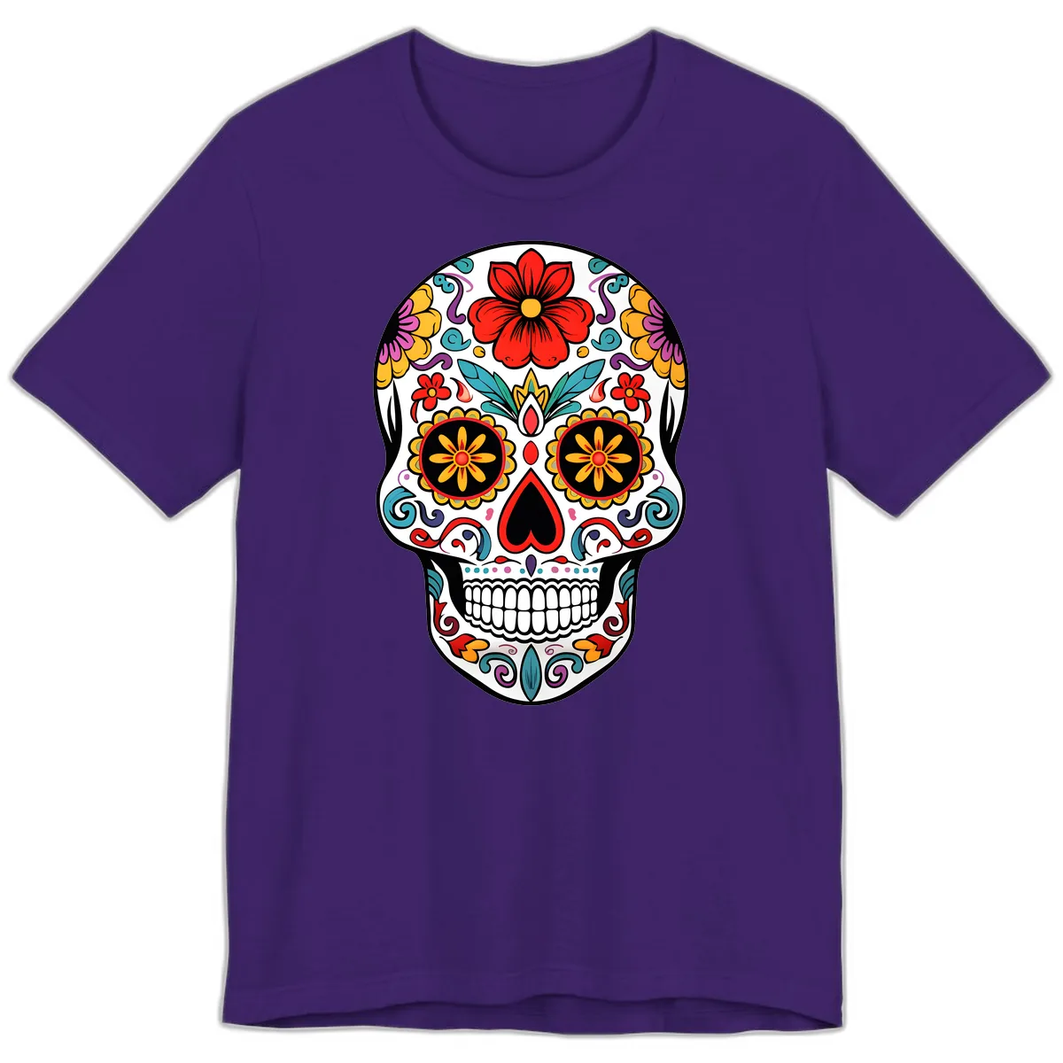 Vibrant Floral Calavera Sugar Skull Premium T-Shirt in Team Purple