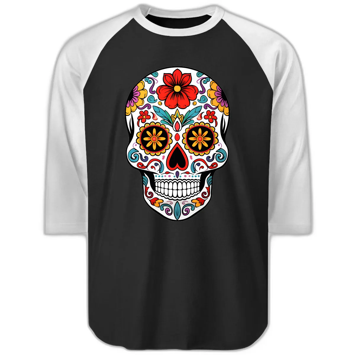 Vibrant Floral Calavera Sugar Skull Raglan 3/4 in Black White