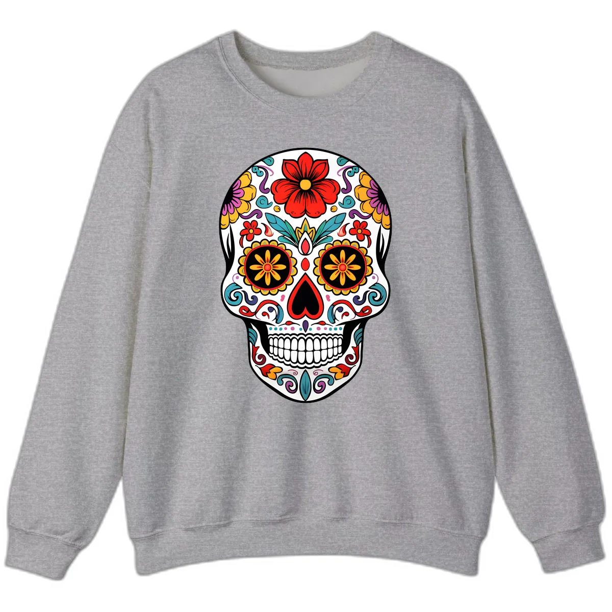 Vibrant Floral Calavera Sugar Skull Sweatshirt in Sport Grey