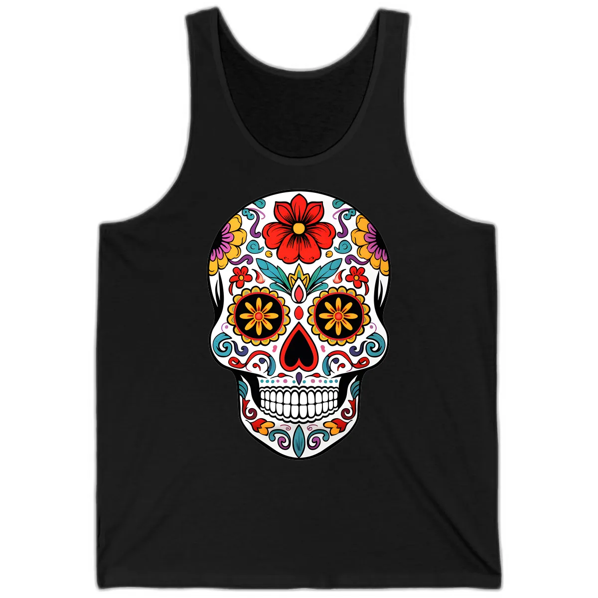 Vibrant Floral Calavera Sugar Skull Tank in Black