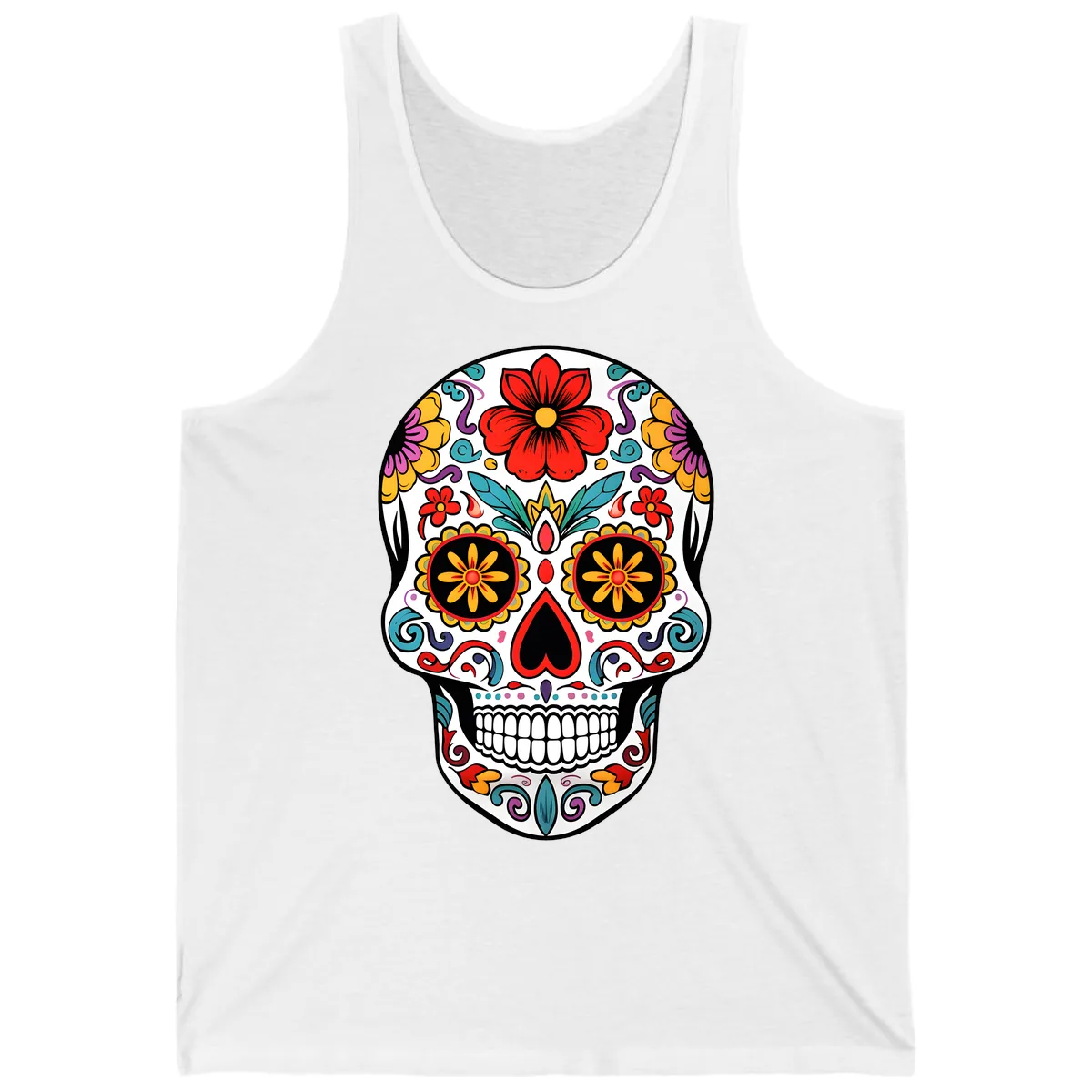 Vibrant Floral Calavera Sugar Skull Tank in White