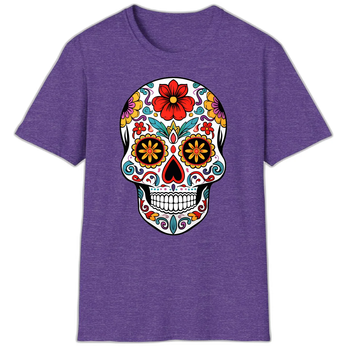 Vibrant Floral Calavera Sugar Skull T-Shirt in Heather Purple