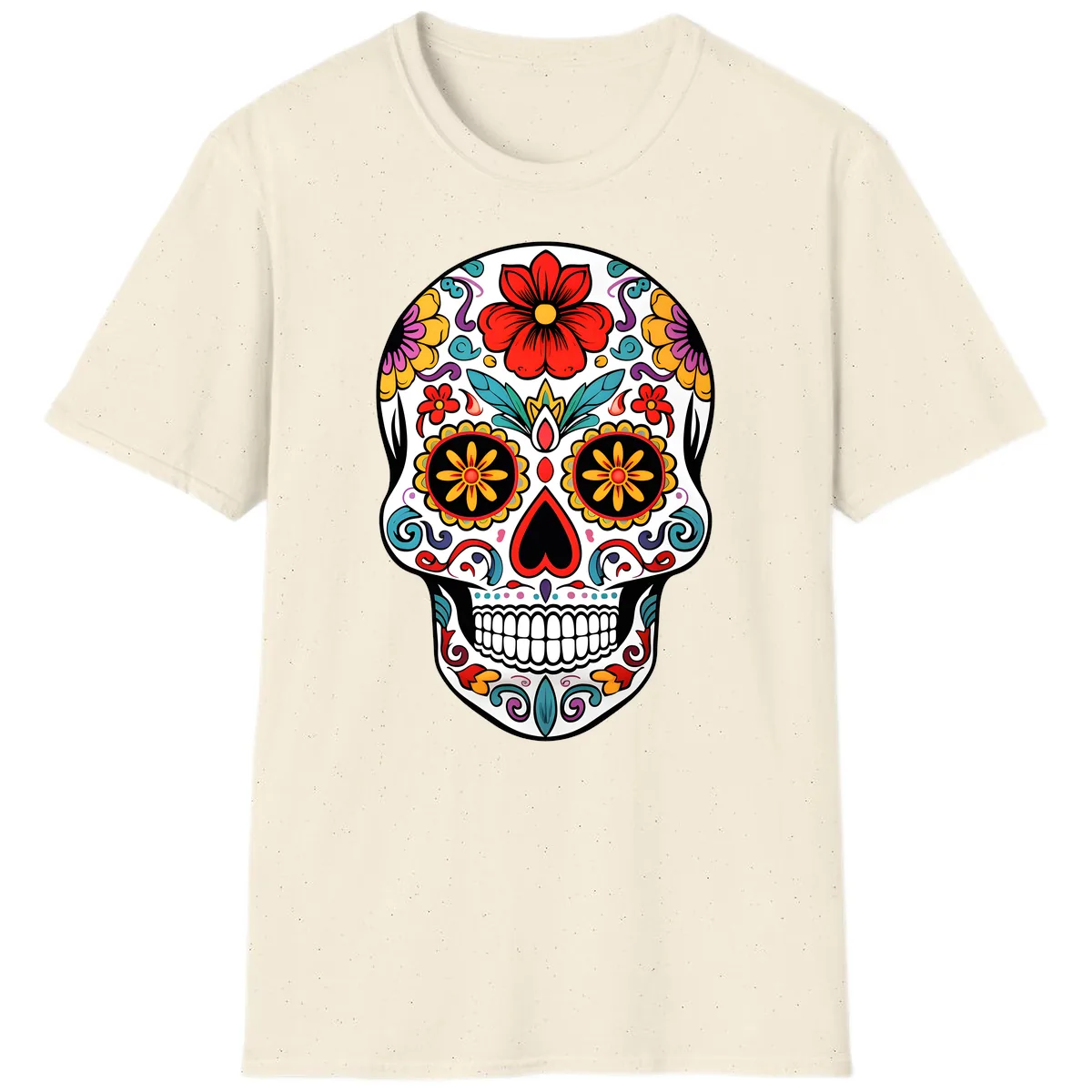 Vibrant Floral Calavera Sugar Skull T-Shirt in Natural