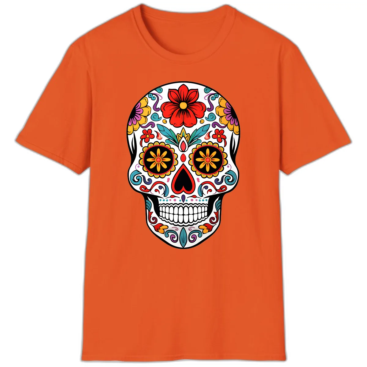 Vibrant Floral Calavera Sugar Skull T-Shirt in Orange