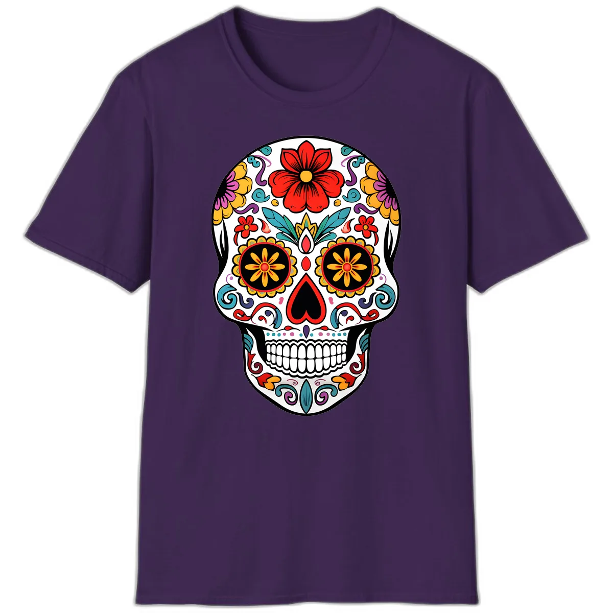 Vibrant Floral Calavera Sugar Skull T-Shirt in Purple