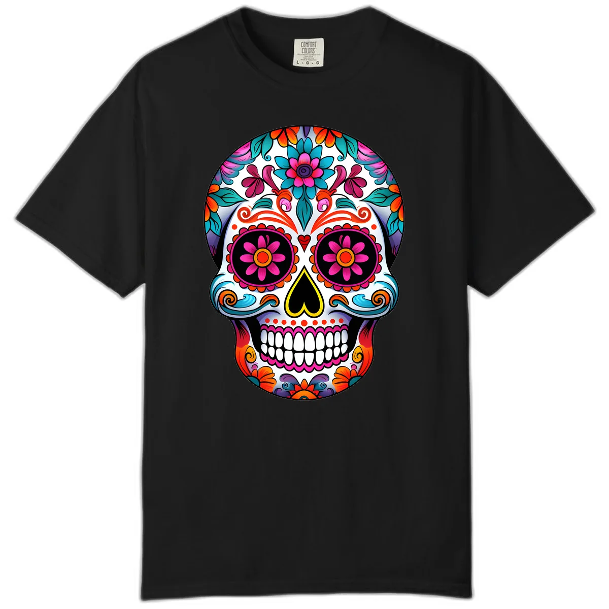 Vibrant Floral Sugar Skull Calavera Art Comfort Color in Black