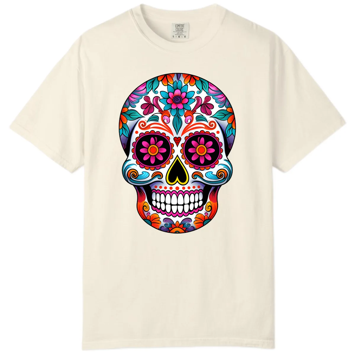 Vibrant Floral Sugar Skull Calavera Art Comfort Color in Ivory