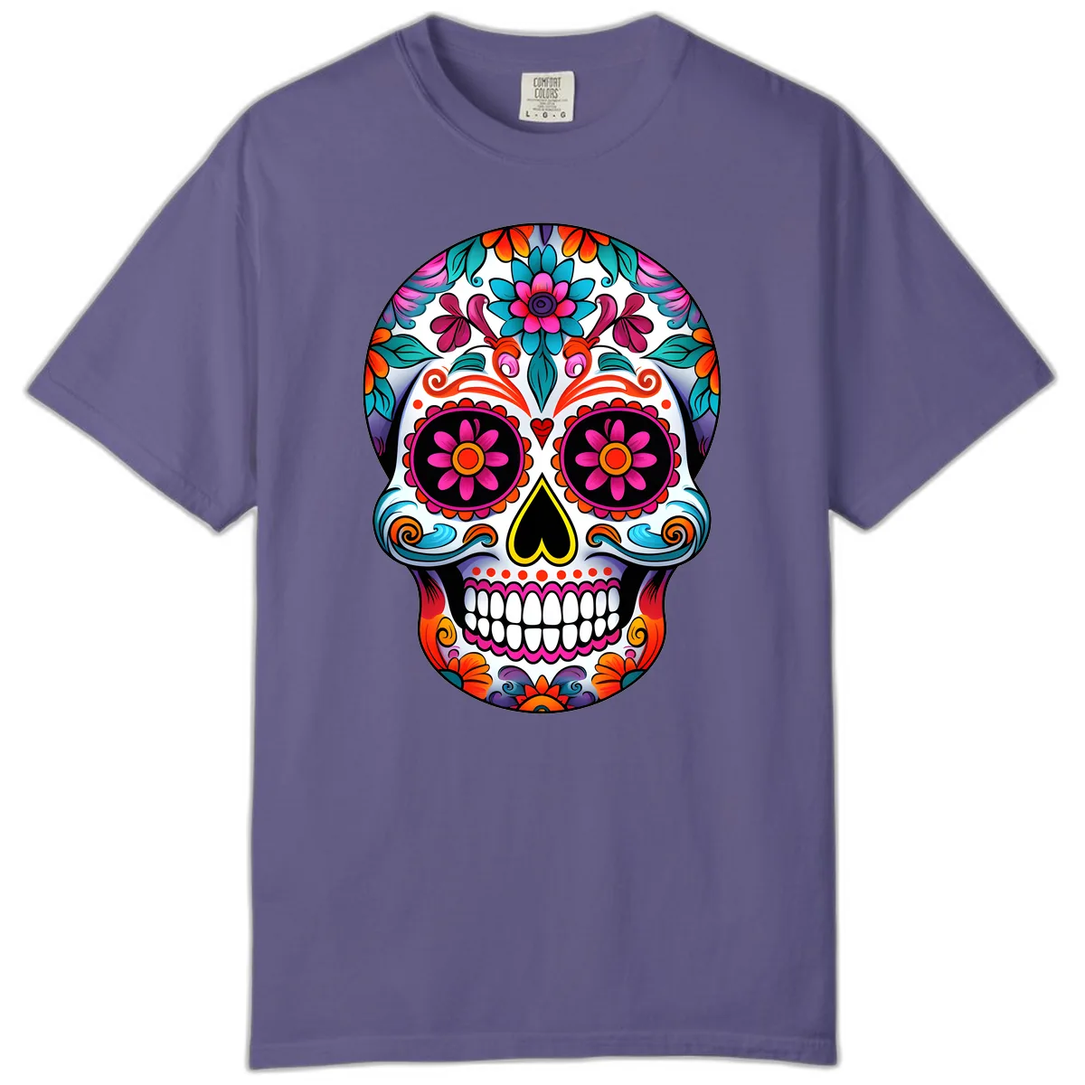 Vibrant Floral Sugar Skull Calavera Art Comfort Color in Grape