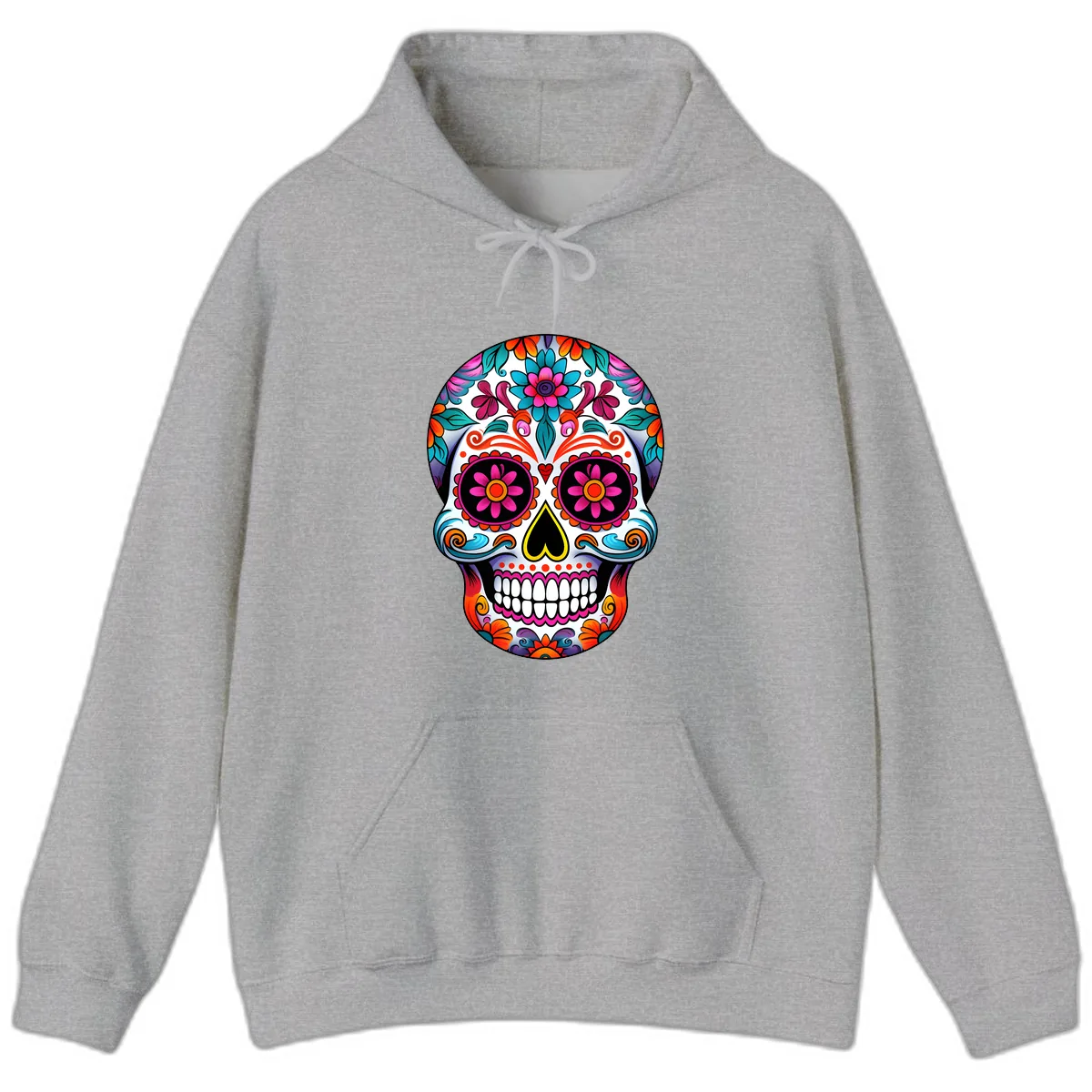 Vibrant Floral Sugar Skull Calavera Art Hoodie in Sport Grey