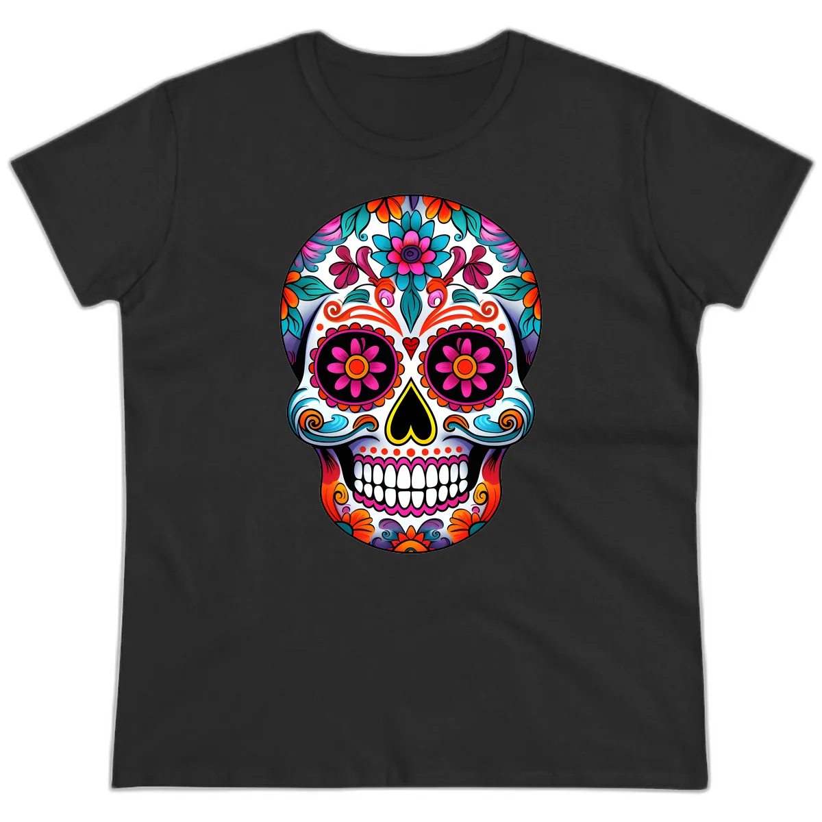 Vibrant Floral Sugar Skull Calavera Art Ladies Tee in Black
