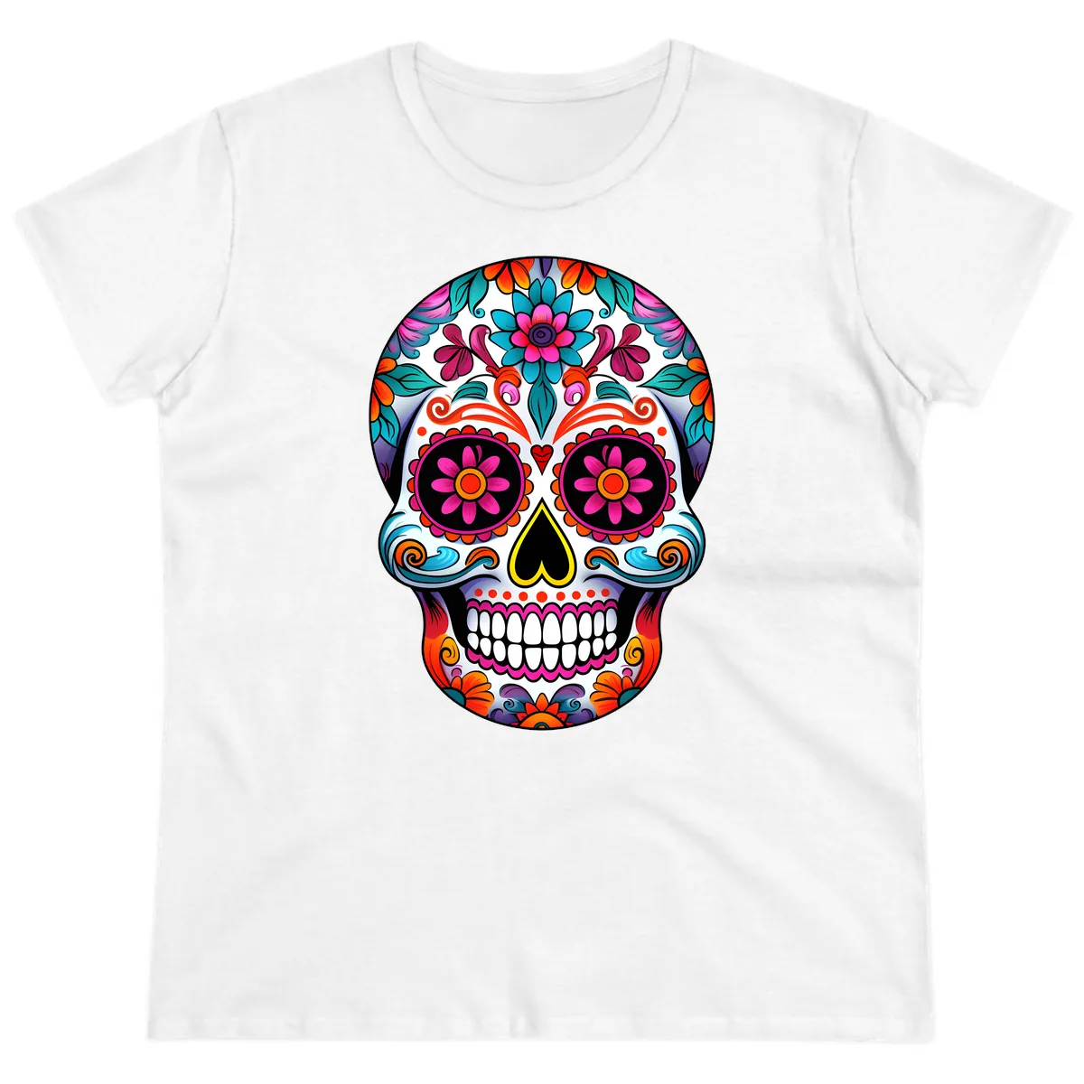 Vibrant Floral Sugar Skull Calavera Art Ladies Tee in White