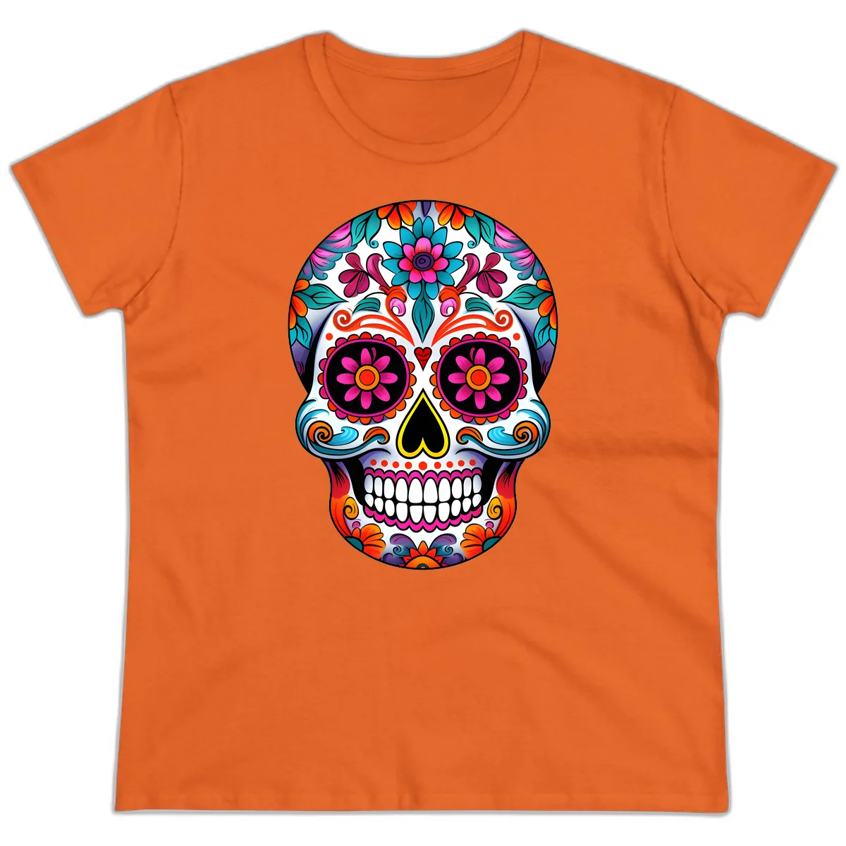 Vibrant Floral Sugar Skull Calavera Art Ladies Tee in Orange