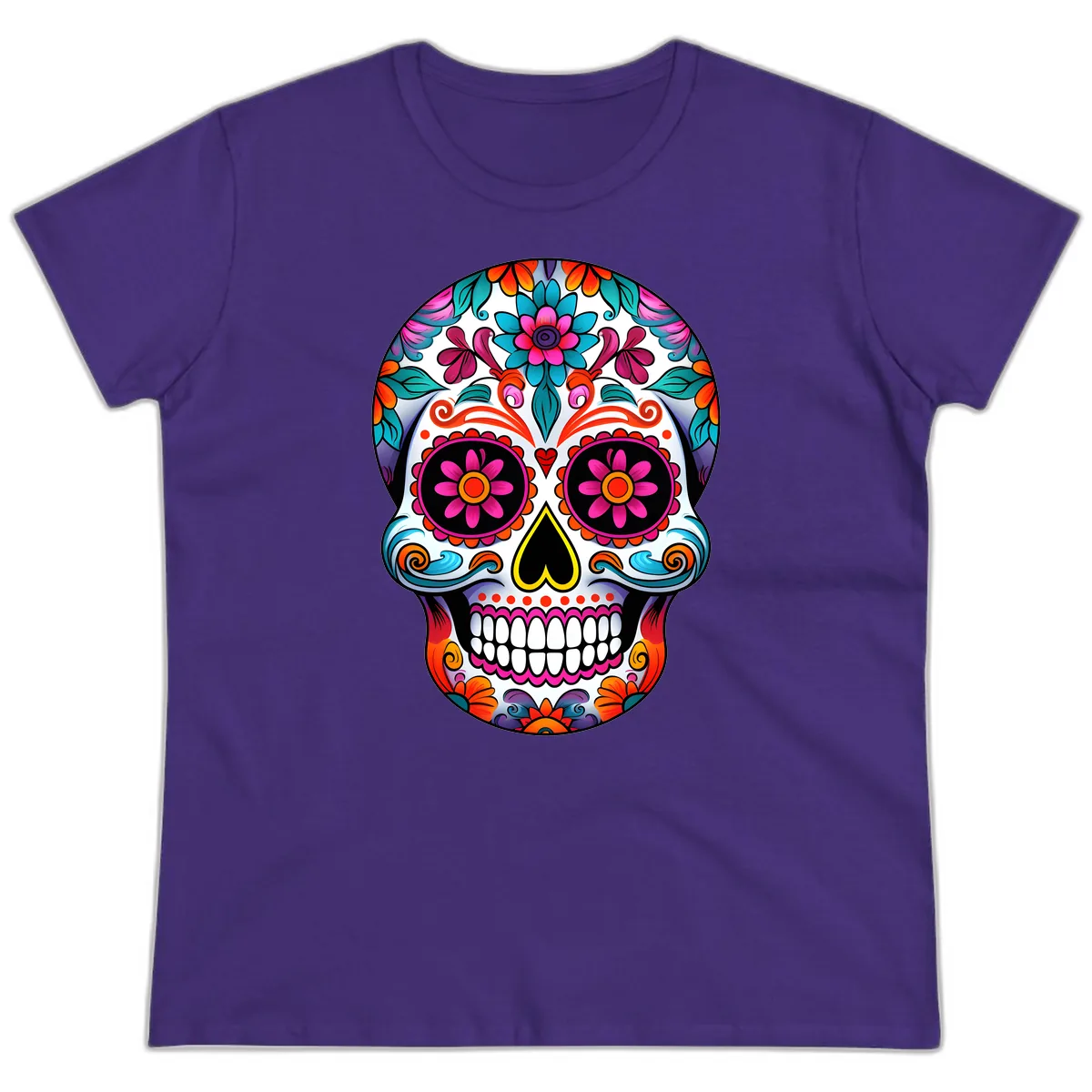 Vibrant Floral Sugar Skull Calavera Art Ladies Tee in Purple