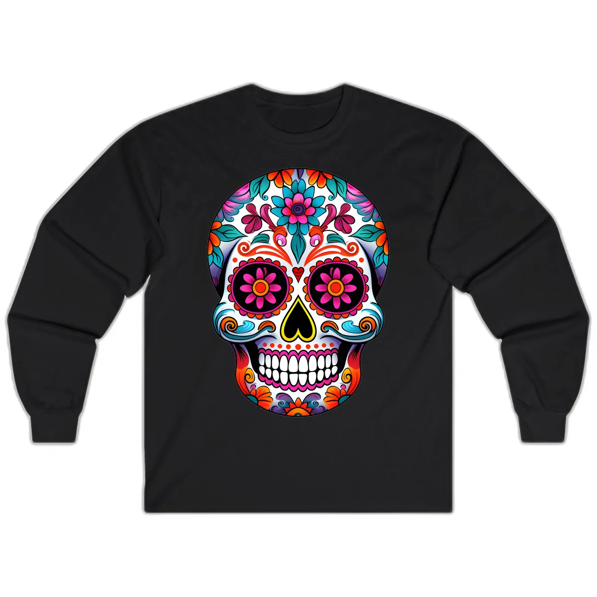 Vibrant Floral Sugar Skull Calavera Art Long Sleeve in Black
