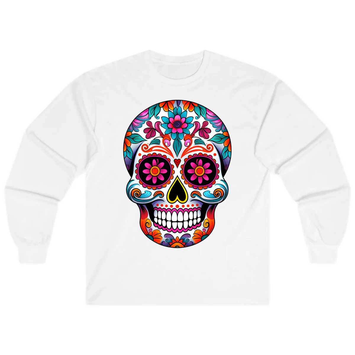 Vibrant Floral Sugar Skull Calavera Art Long Sleeve in White