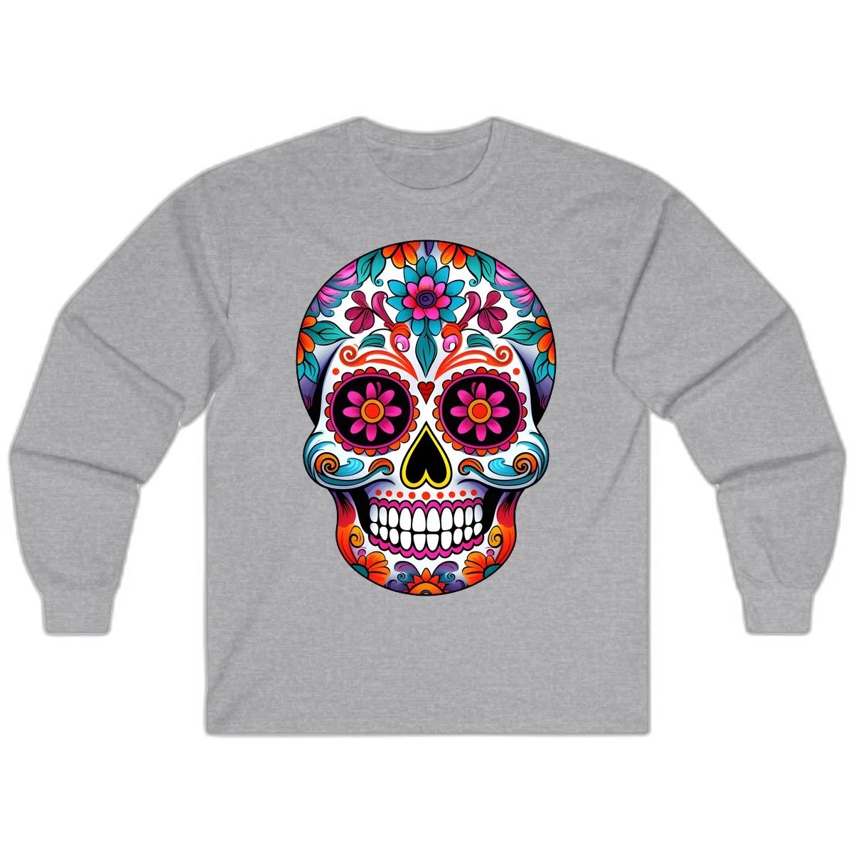 Vibrant Floral Sugar Skull Calavera Art Long Sleeve in Sport Grey