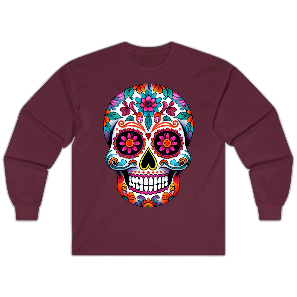 Vibrant Floral Sugar Skull Calavera Art Long Sleeve in Maroon