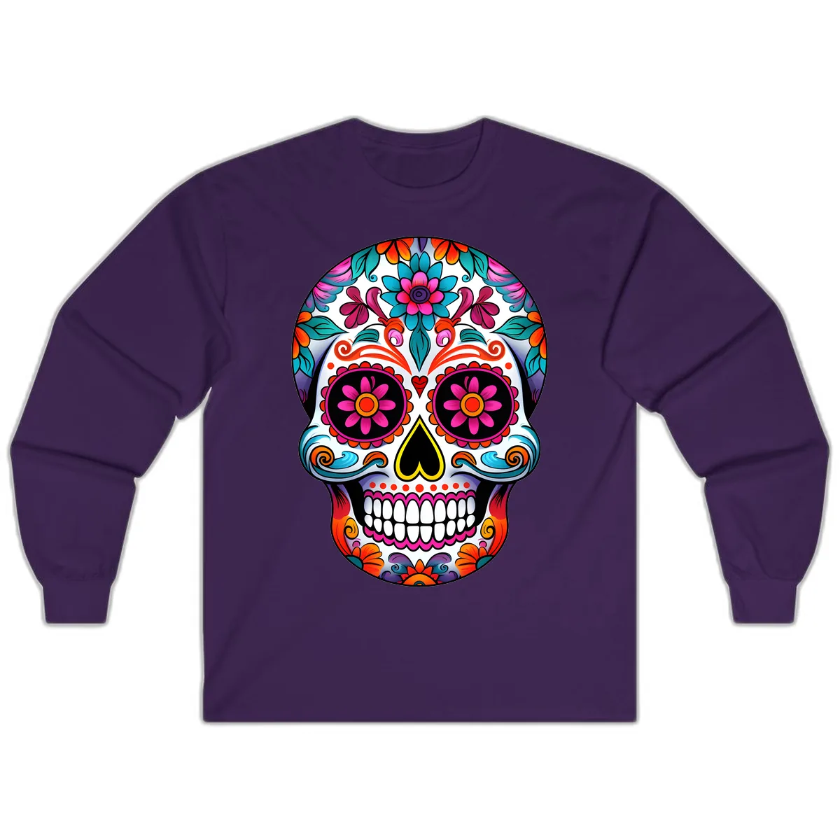 Vibrant Floral Sugar Skull Calavera Art Long Sleeve in Purple