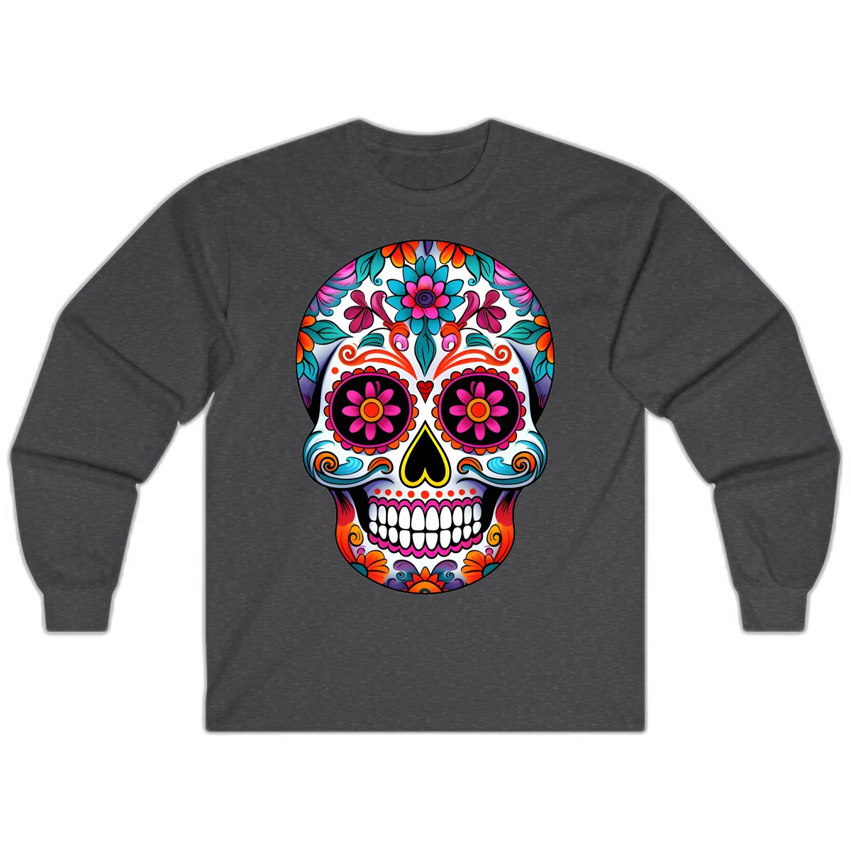 Vibrant Floral Sugar Skull Calavera Art Long Sleeve in Dark Heather