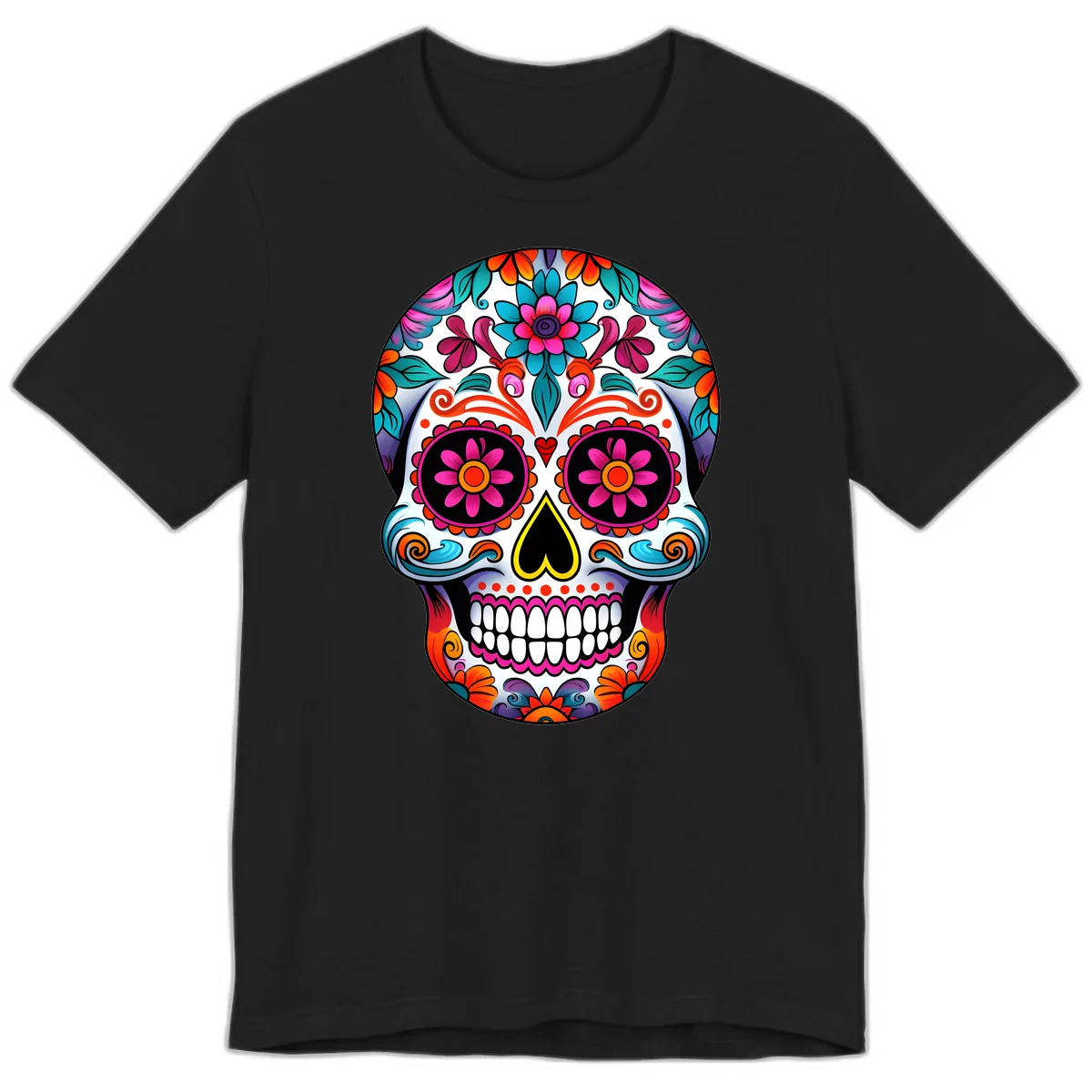 Vibrant Floral Sugar Skull Calavera Art Premium T-Shirt in Black