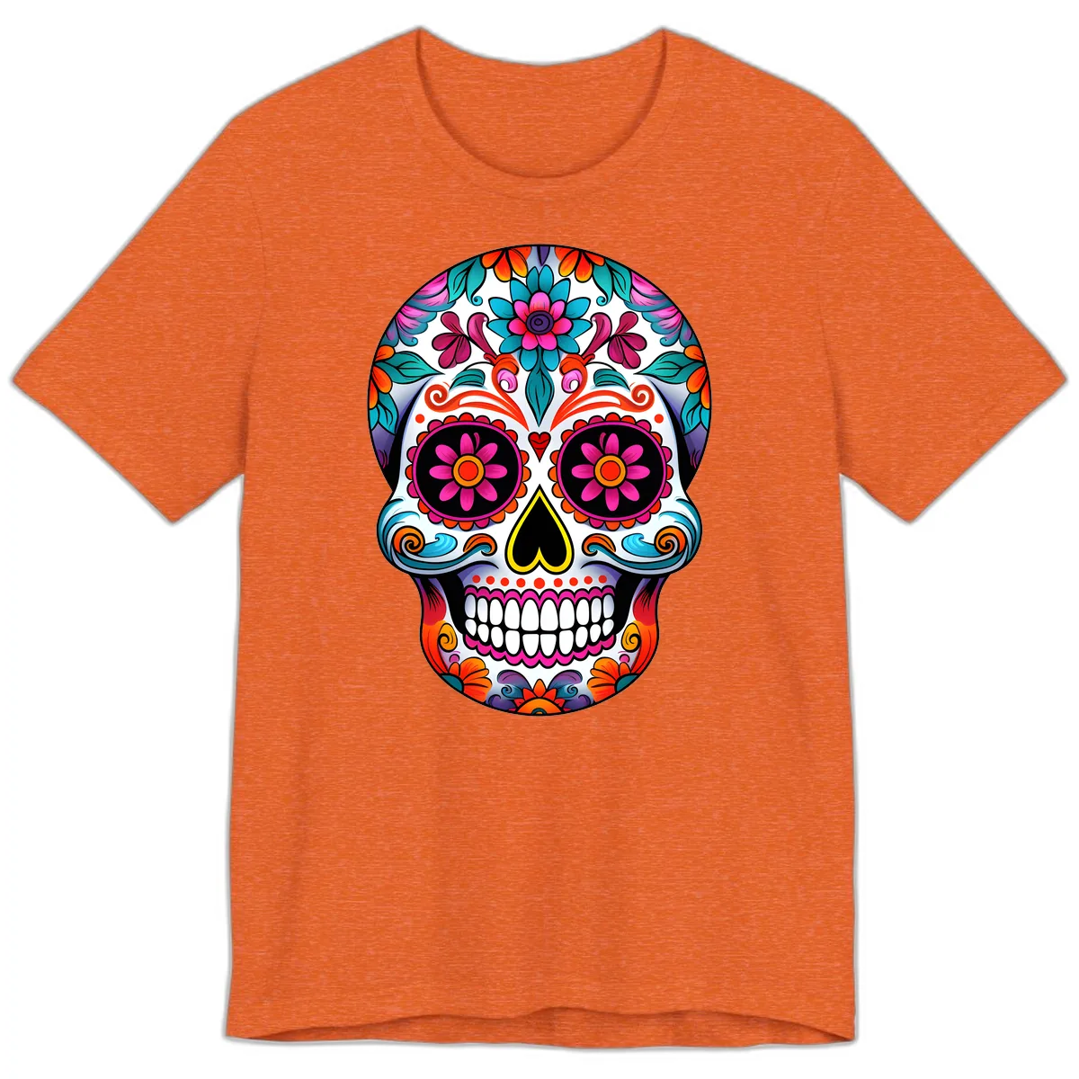 Vibrant Floral Sugar Skull Calavera Art Premium T-Shirt in Heather Orange
