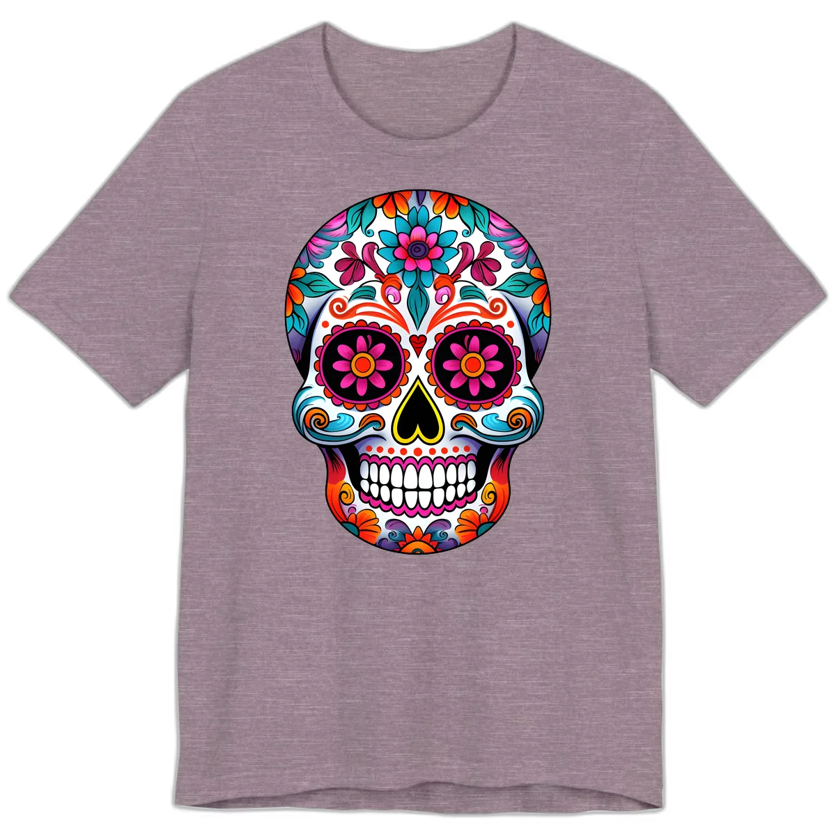 Vibrant Floral Sugar Skull Calavera Art Premium T-Shirt in Heather Purple