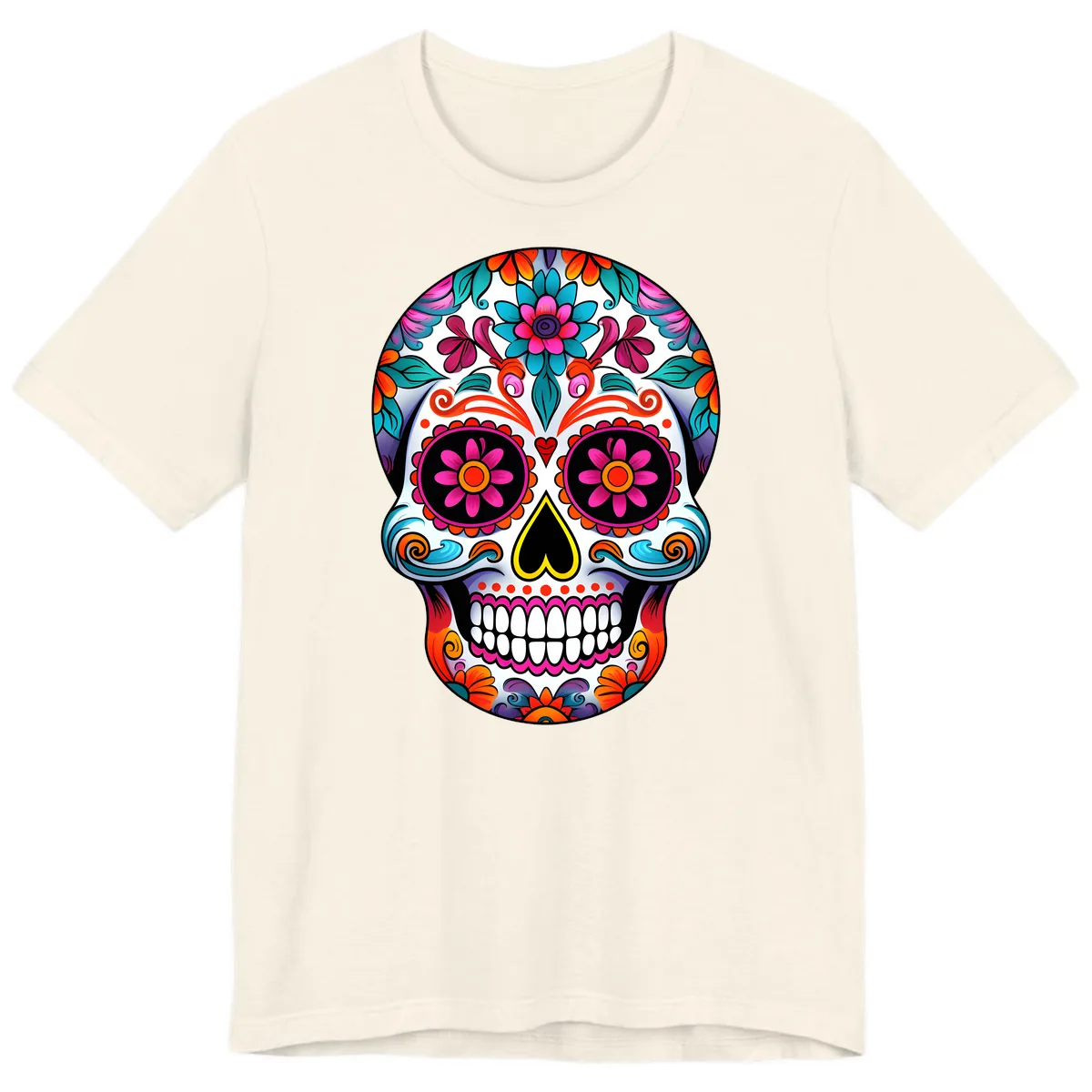Vibrant Floral Sugar Skull Calavera Art Premium T-Shirt in Natural