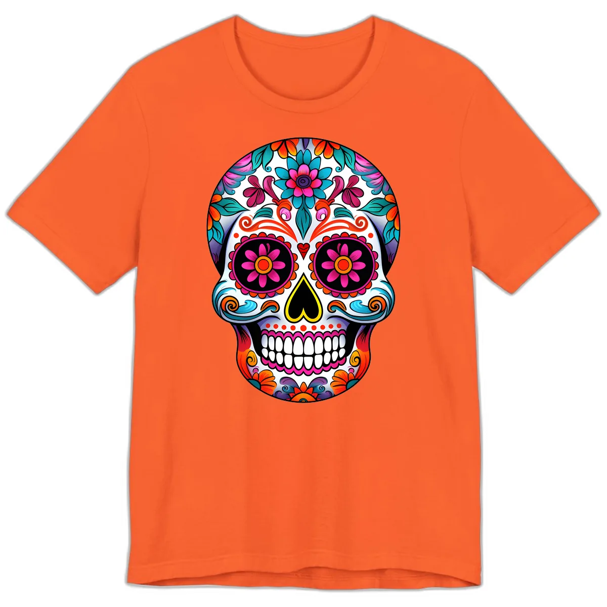 Vibrant Floral Sugar Skull Calavera Art Premium T-Shirt in Orange