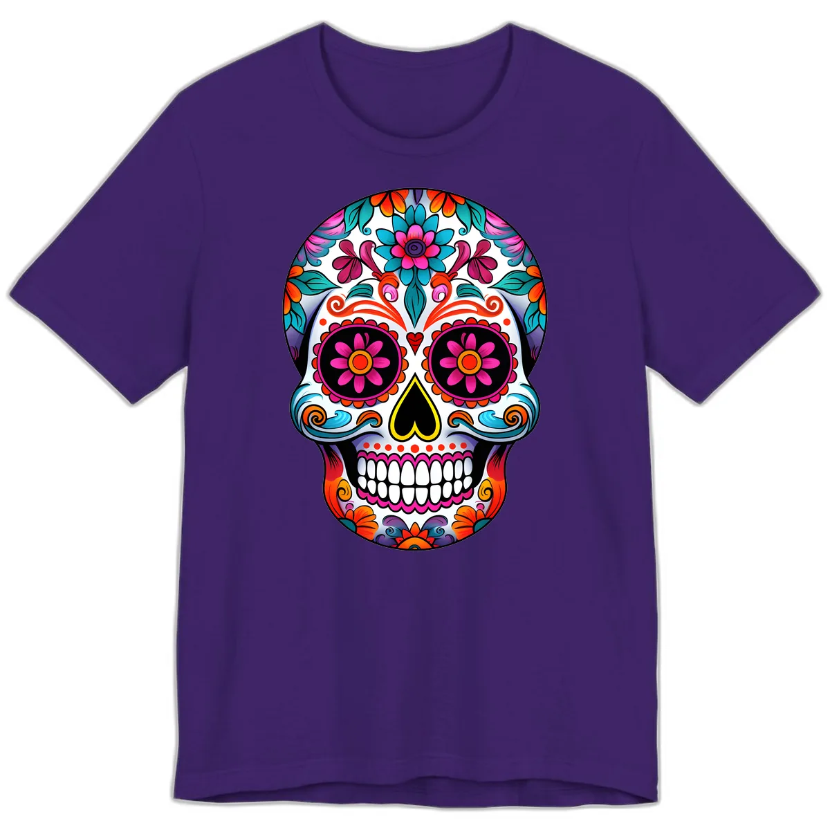 Vibrant Floral Sugar Skull Calavera Art Premium T-Shirt in Team Purple