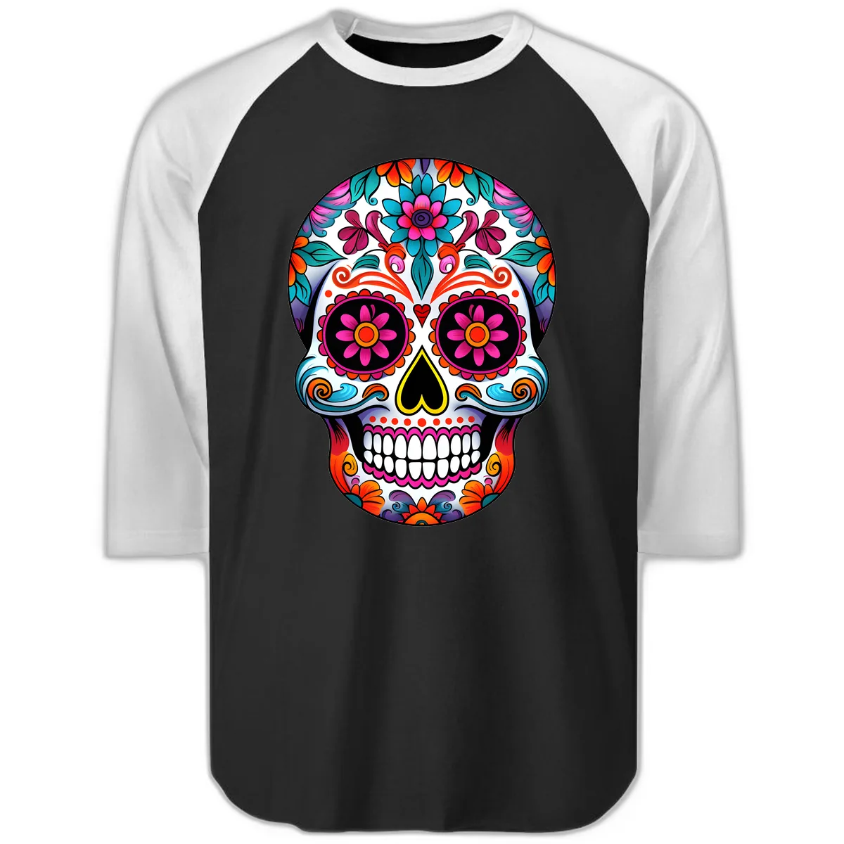 Vibrant Floral Sugar Skull Calavera Art Raglan 3/4 in Black White