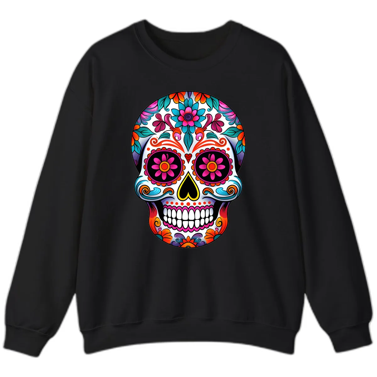 Vibrant Floral Sugar Skull Calavera Art Sweatshirt in Black