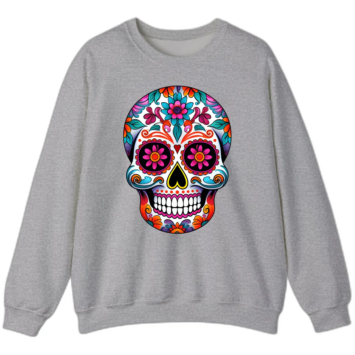 Vibrant Floral Sugar Skull Calavera Art Sweatshirt in Sport Grey