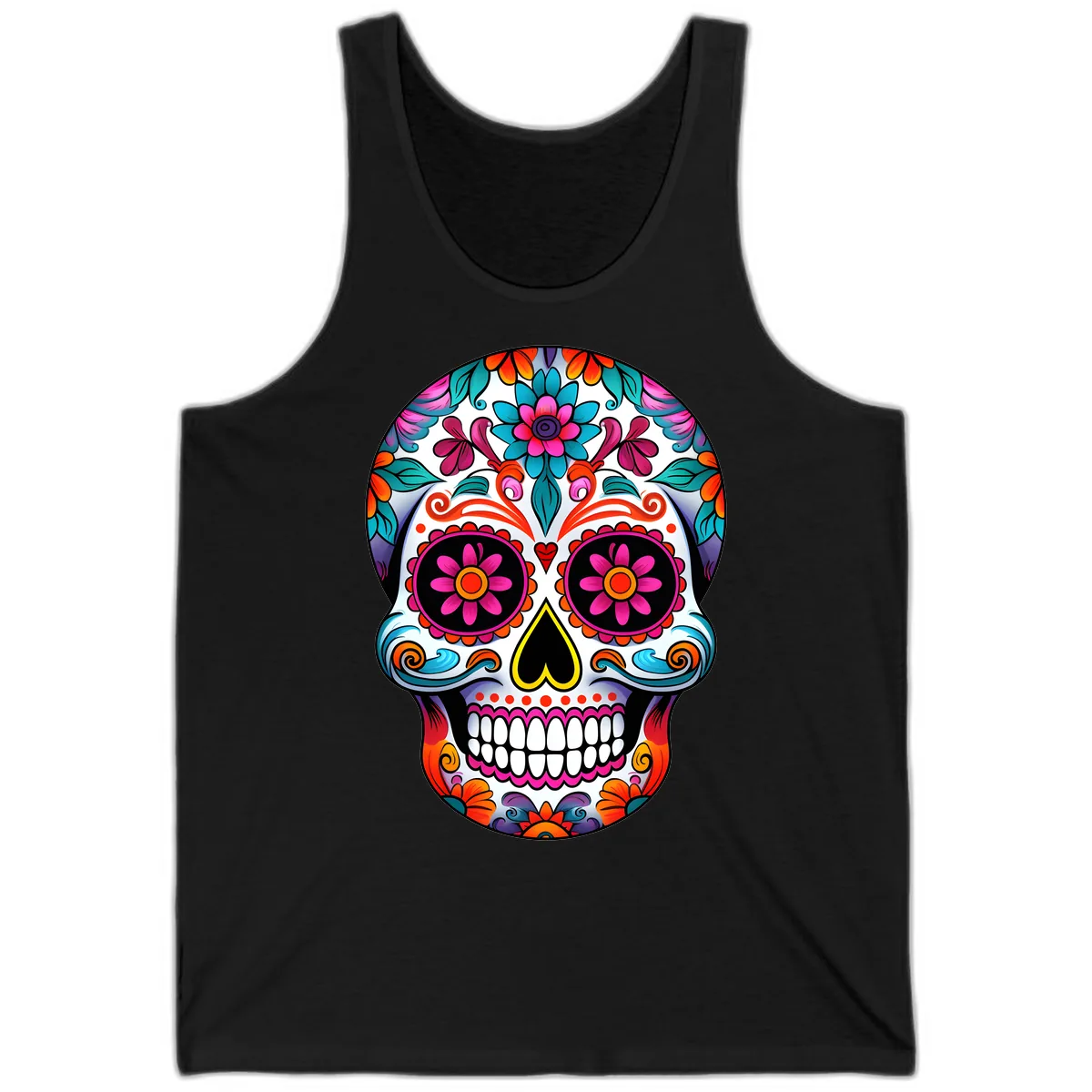 Vibrant Floral Sugar Skull Calavera Art Tank in Black
