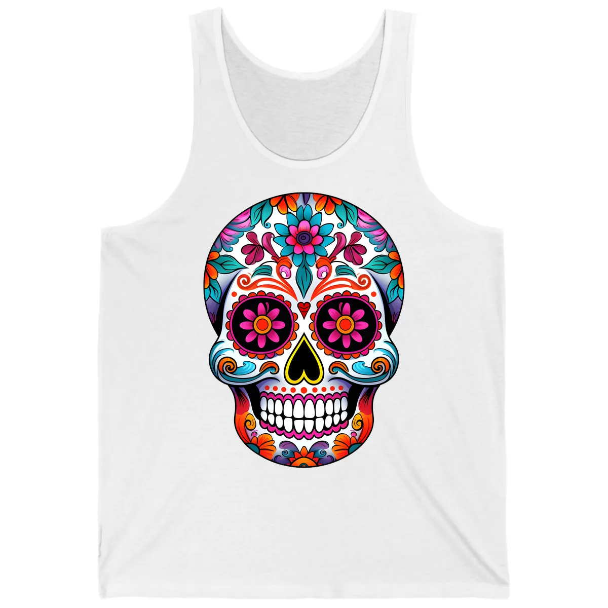 Vibrant Floral Sugar Skull Calavera Art Tank in White