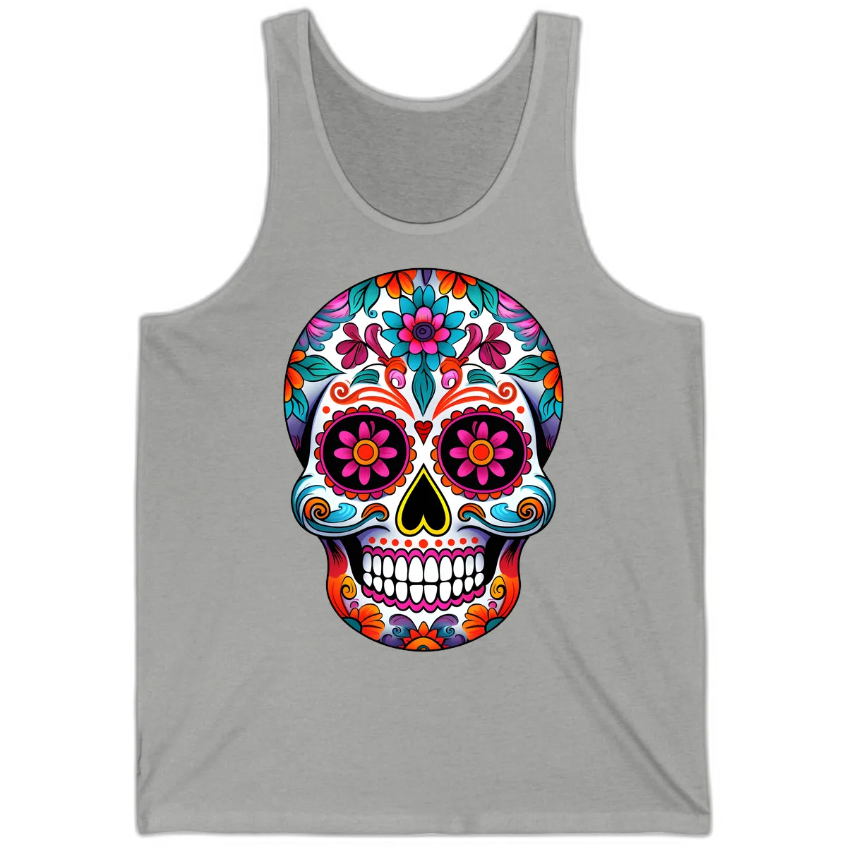 Vibrant Floral Sugar Skull Calavera Art Tank in Athletic Heather
