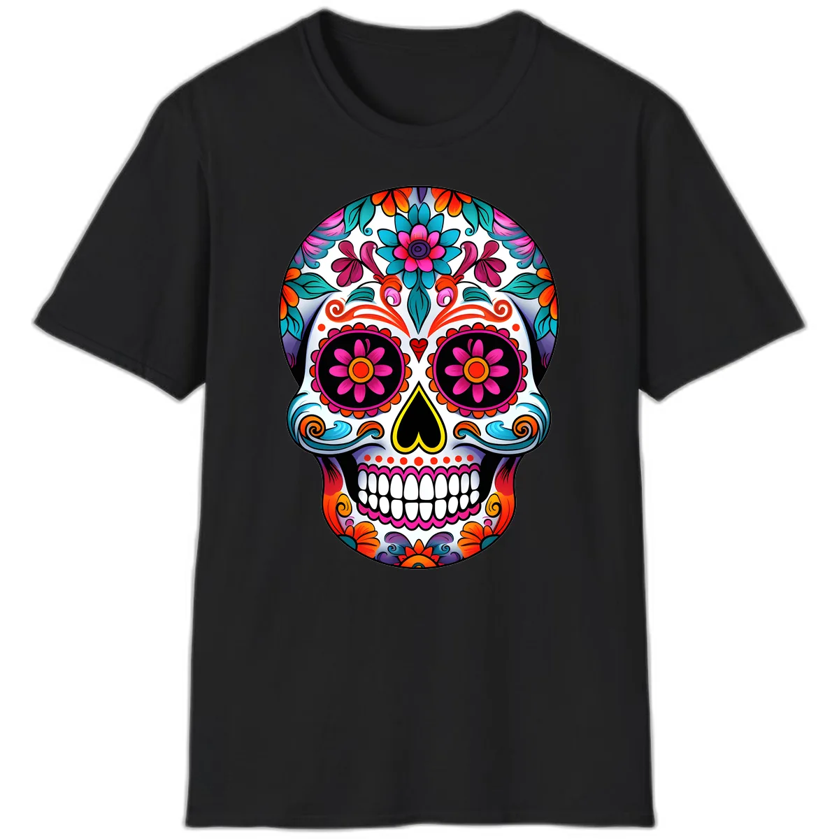 Vibrant Floral Sugar Skull Calavera Art T-Shirt in Black