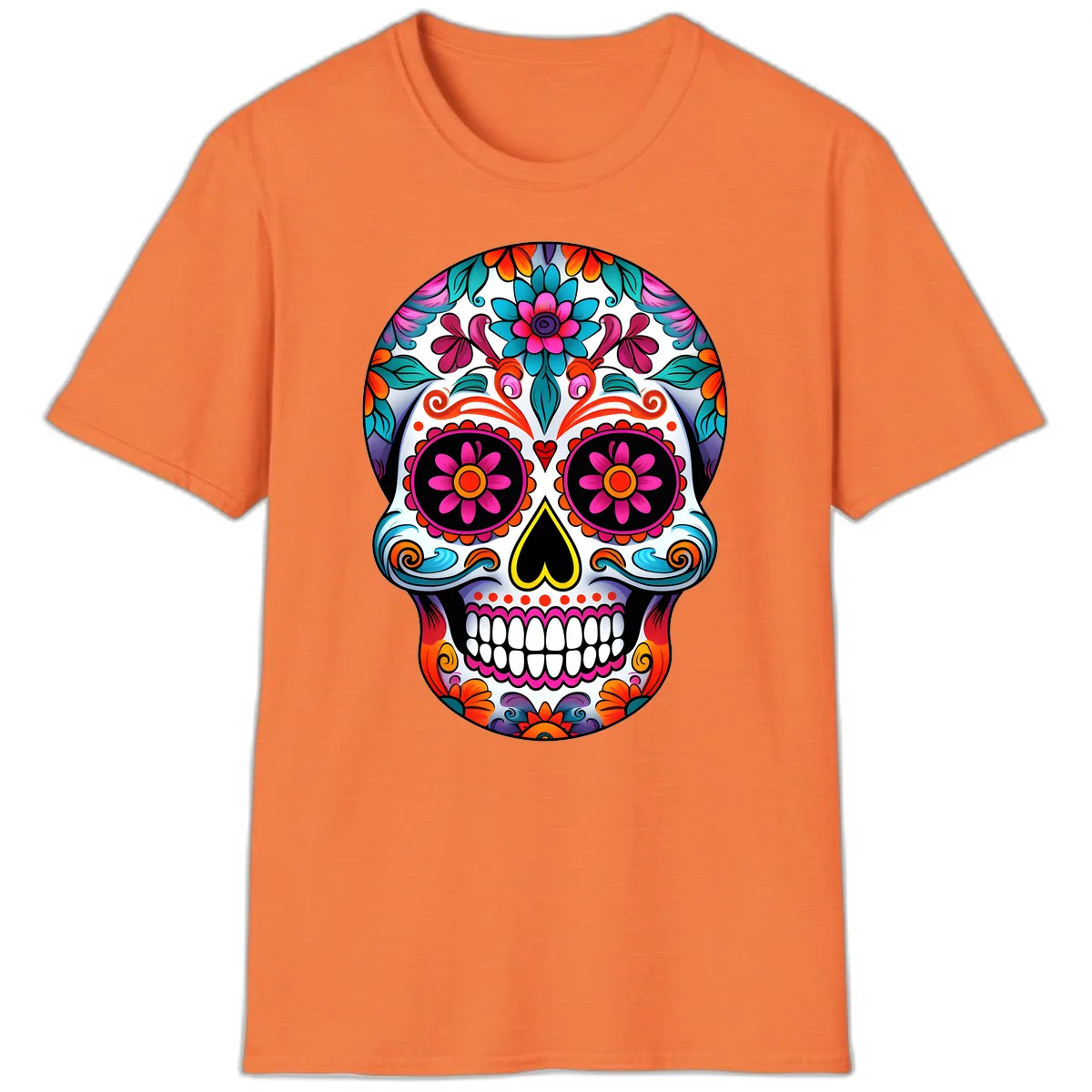 Vibrant Floral Sugar Skull Calavera Art T-Shirt in Heather Orange