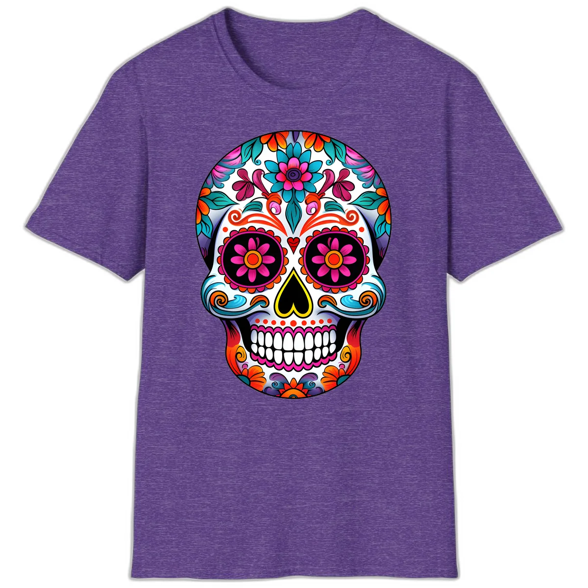 Vibrant Floral Sugar Skull Calavera Art T-Shirt in Heather Purple