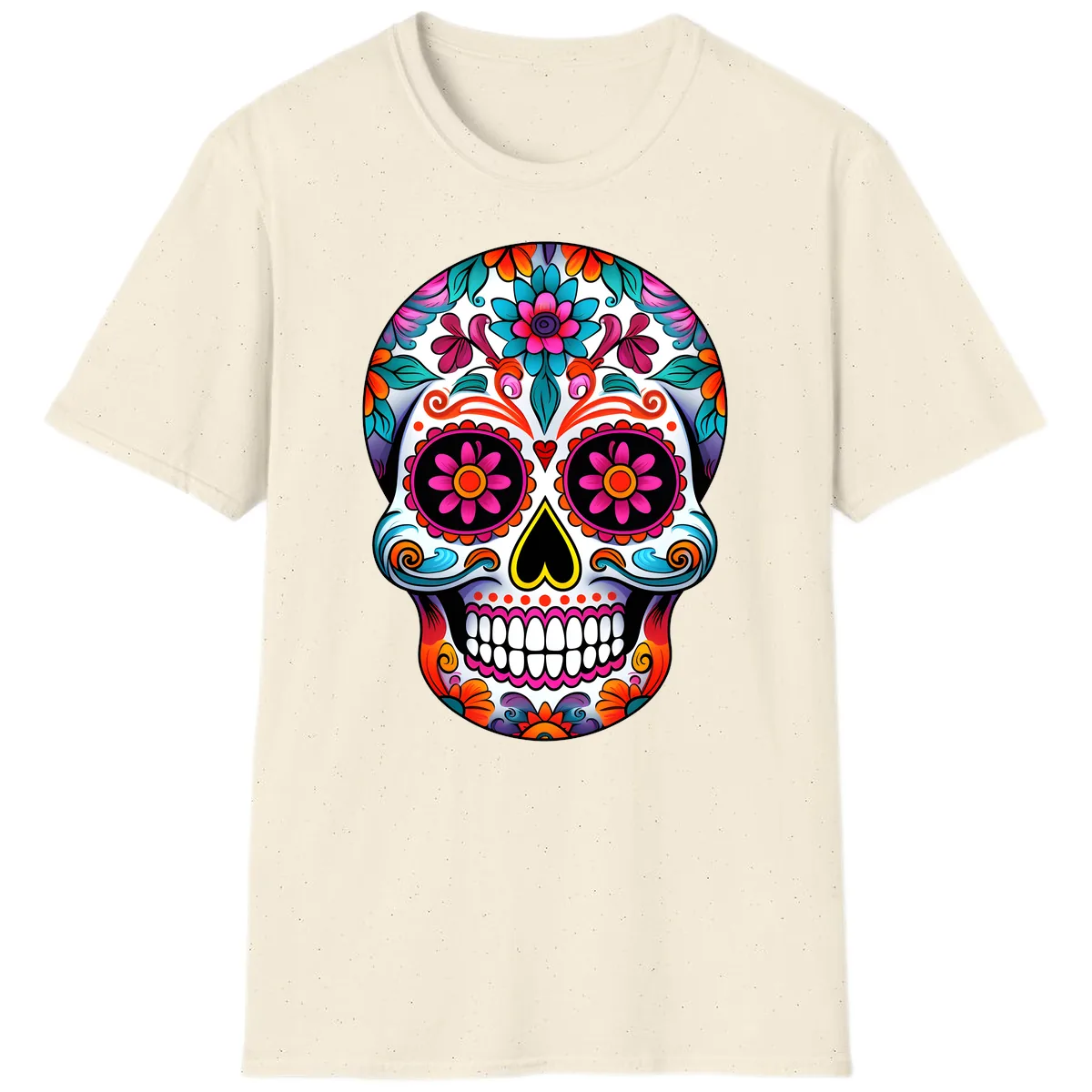 Vibrant Floral Sugar Skull Calavera Art T-Shirt in Natural