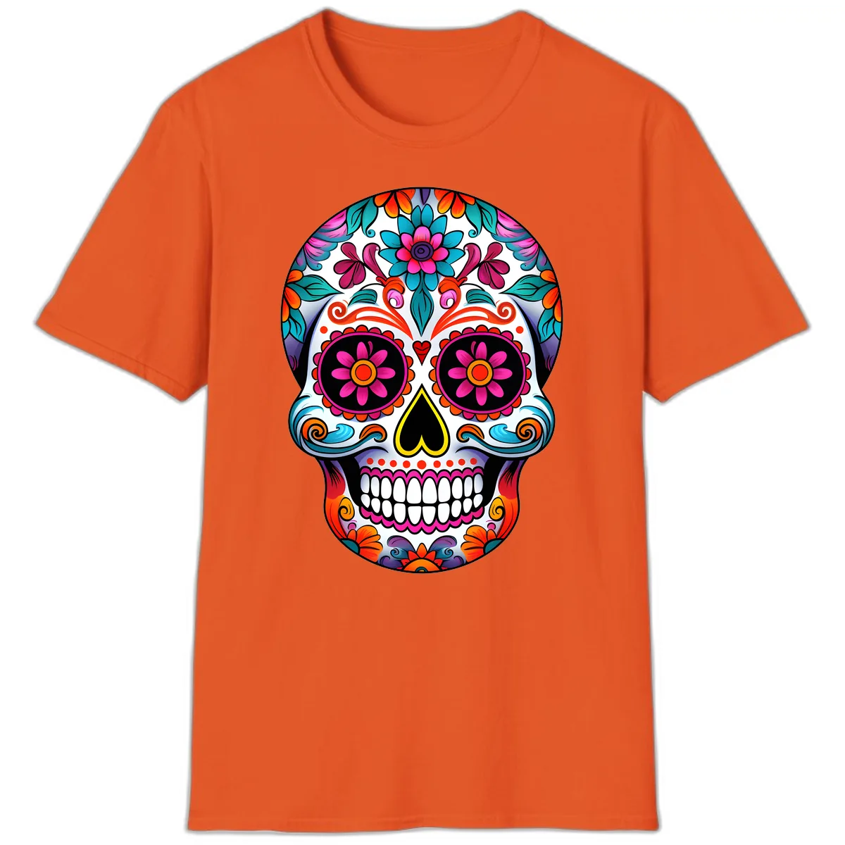 Vibrant Floral Sugar Skull Calavera Art T-Shirt in Orange