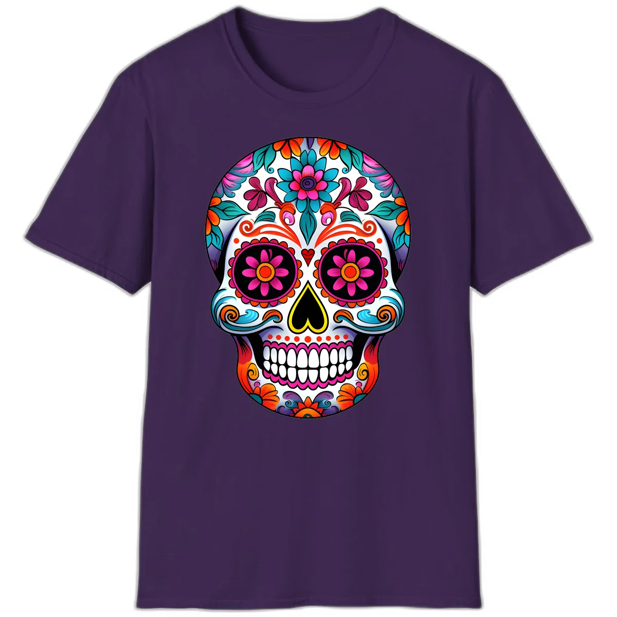 Vibrant Floral Sugar Skull Calavera Art T-Shirt in Purple