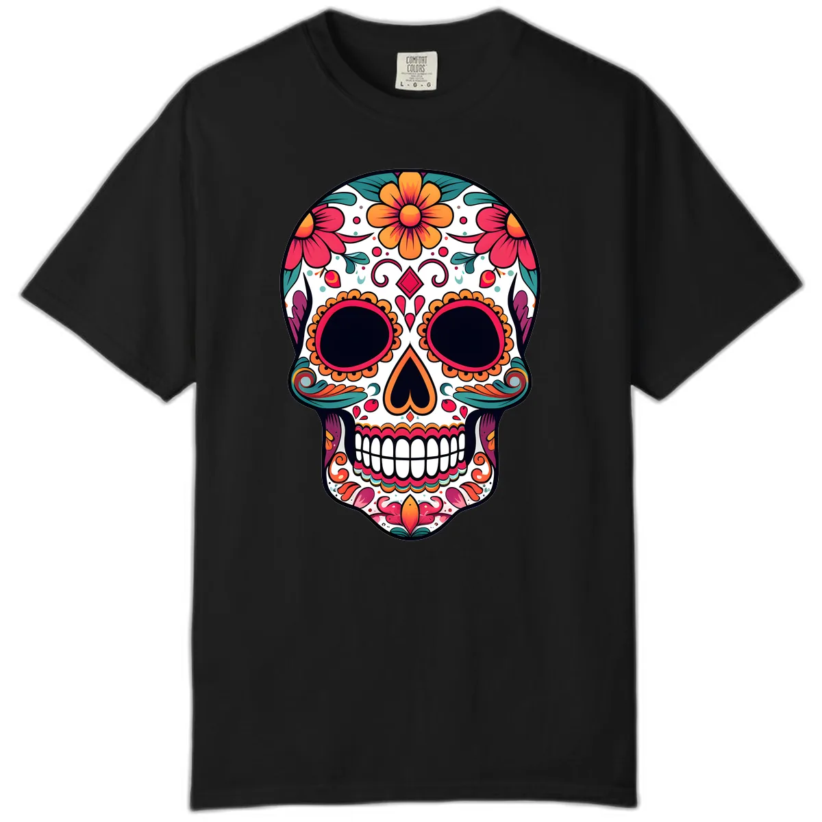 Vibrant Floral Calavera Day of the Dead Skull Comfort Color in Black