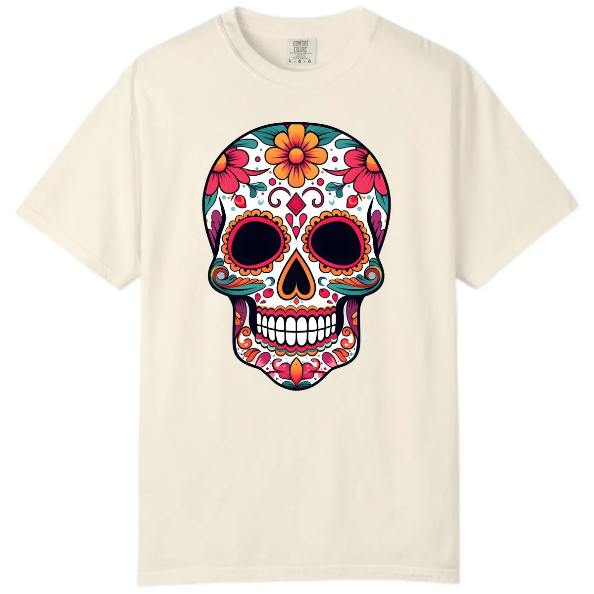 Vibrant Floral Calavera Day of the Dead Skull Comfort Color in Ivory