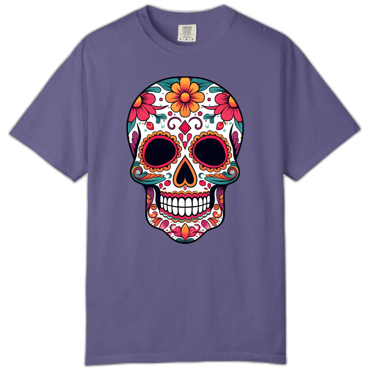 Vibrant Floral Calavera Day of the Dead Skull Comfort Color in Grape