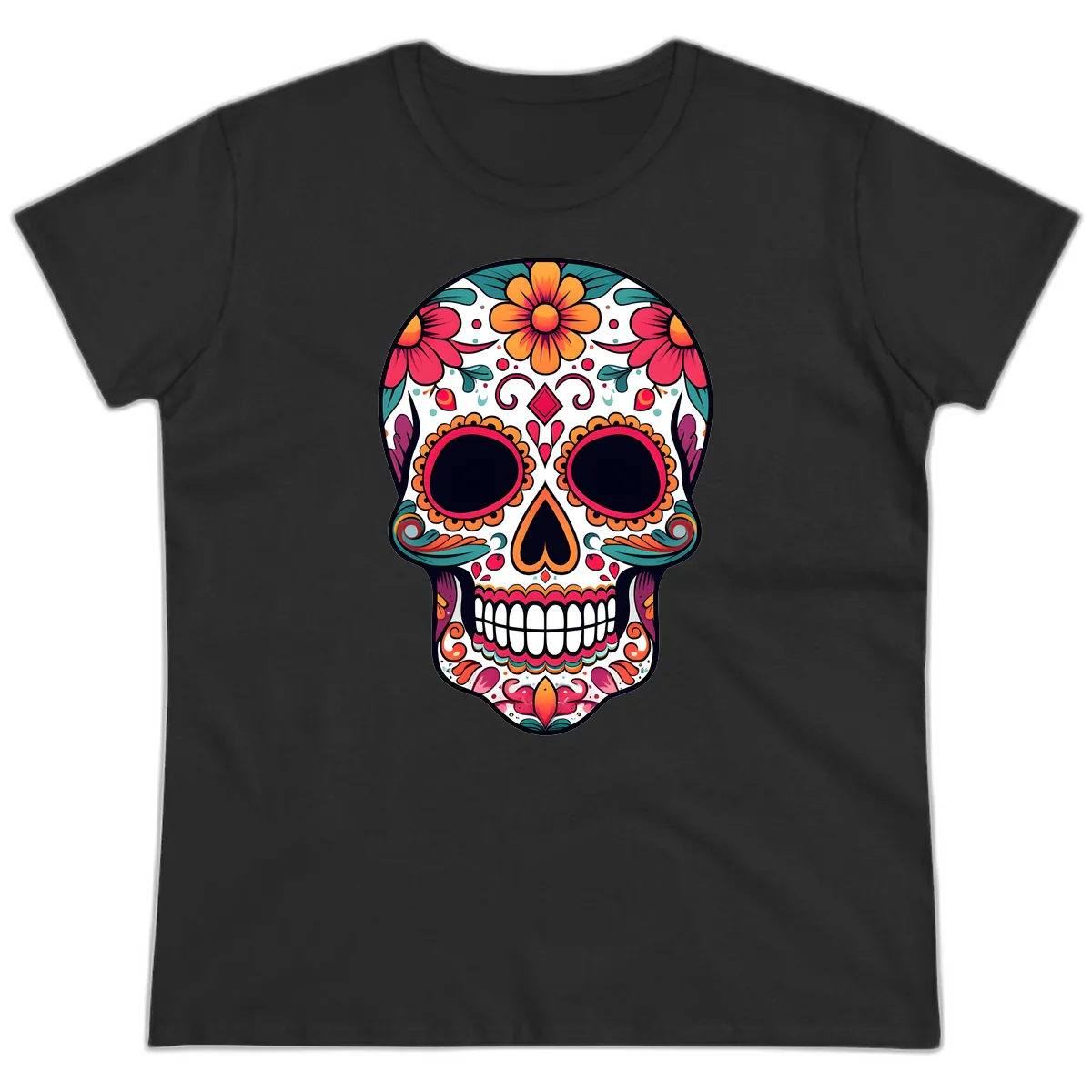 Vibrant Floral Calavera Day of the Dead Skull Ladies Tee in Black