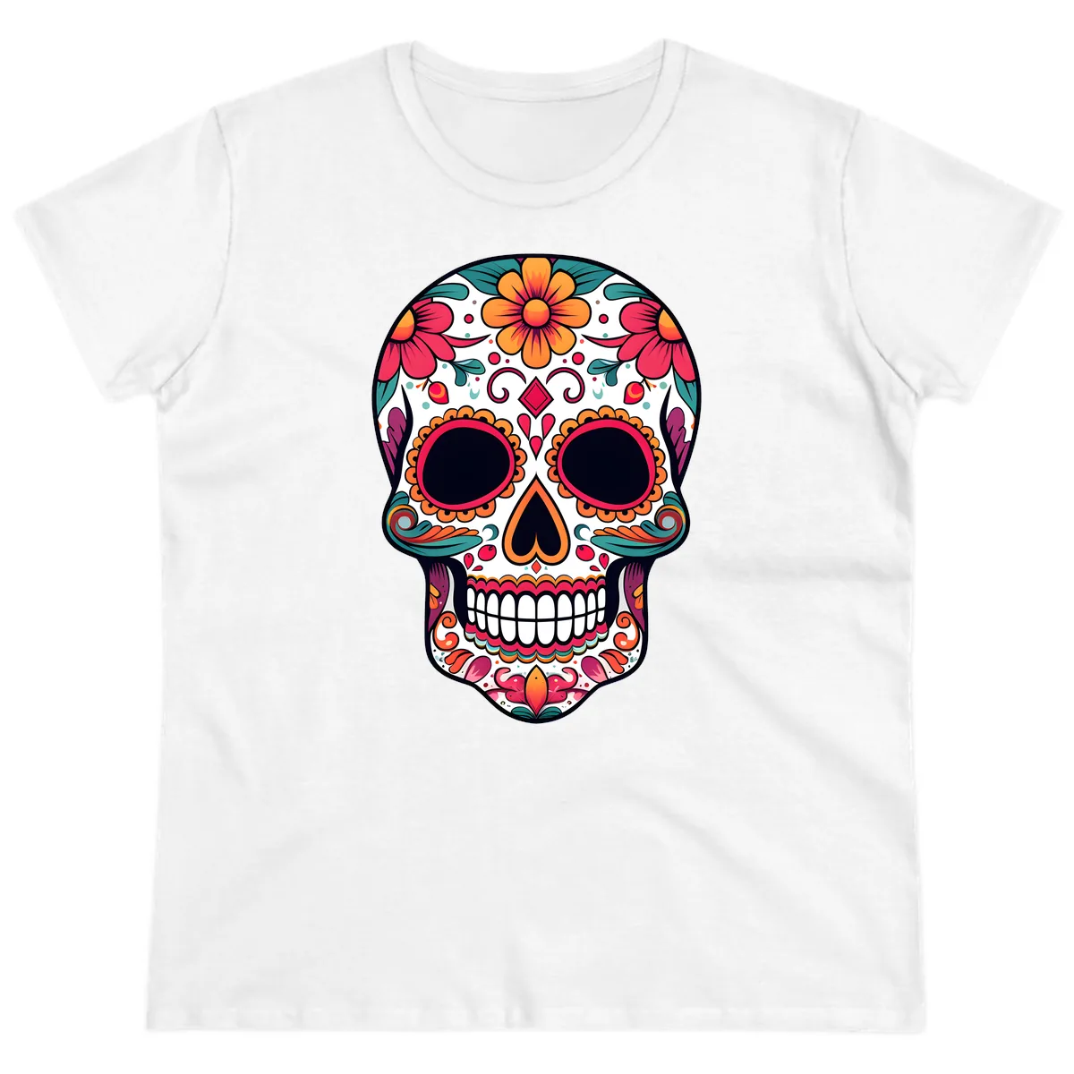 Vibrant Floral Calavera Day of the Dead Skull Ladies Tee in White
