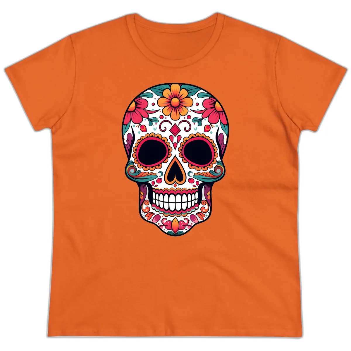 Vibrant Floral Calavera Day of the Dead Skull Ladies Tee in Orange